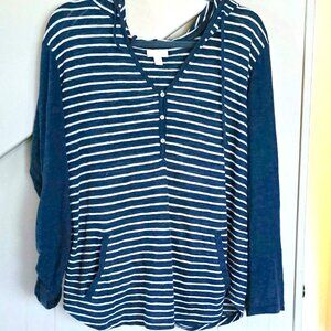 J.Jill Striped Linen Hoodie Top, Petite Large